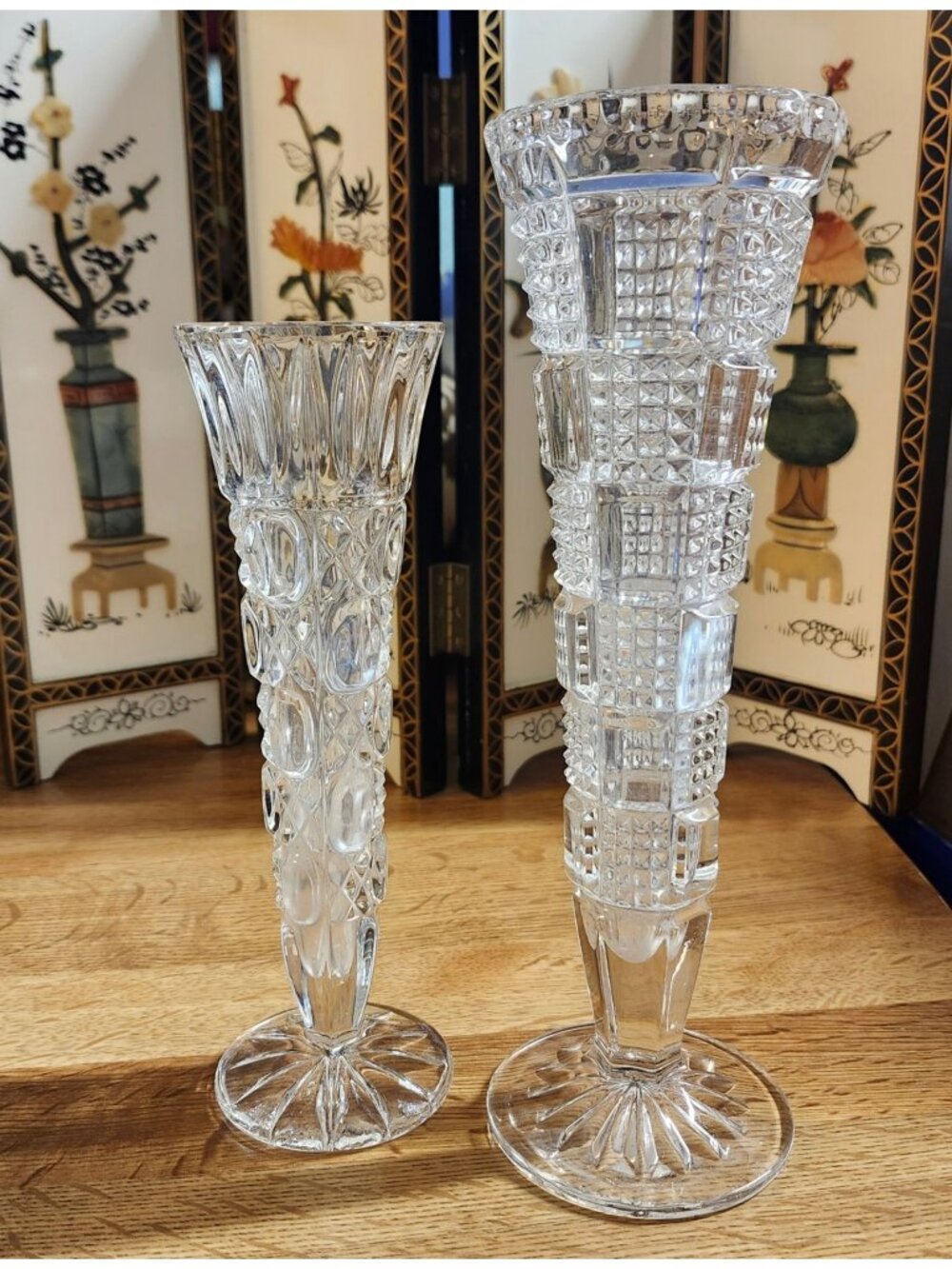 2- Vintage Crystal Footed Bud Vases 8” & 9.5"